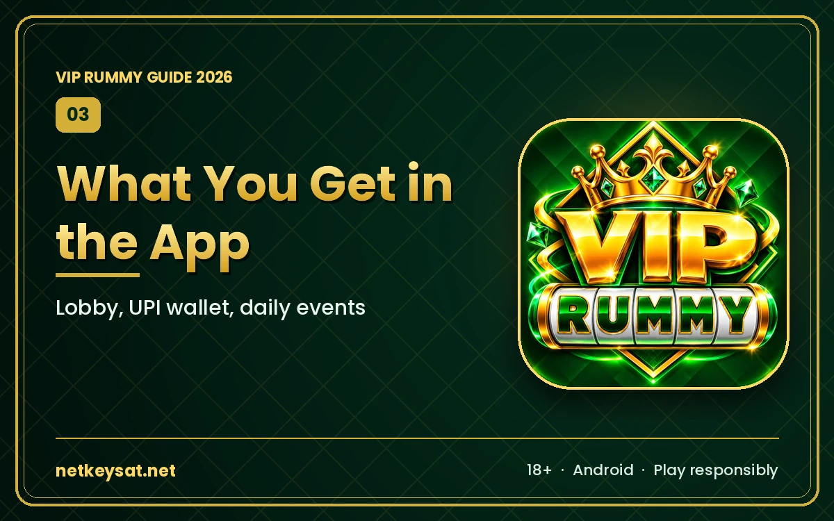 What you get in the VIP Rummy app: lobby, UPI wallet and daily events
