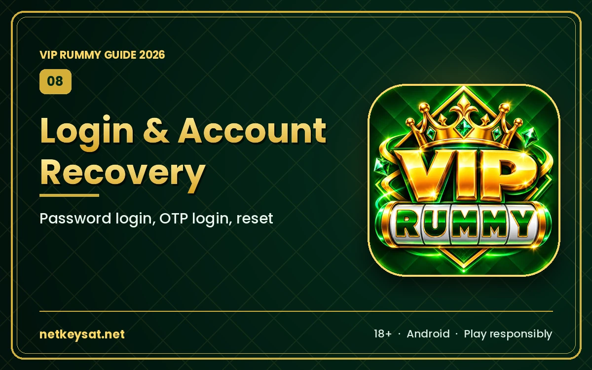 VIP Rummy login screen with password and OTP options